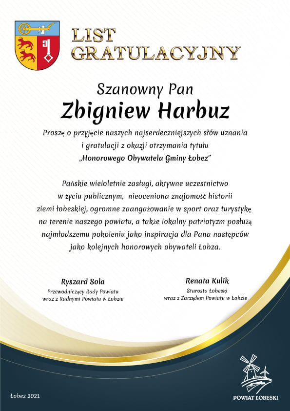 list gratulacyjny dla pana Zbigniewa Harbuza