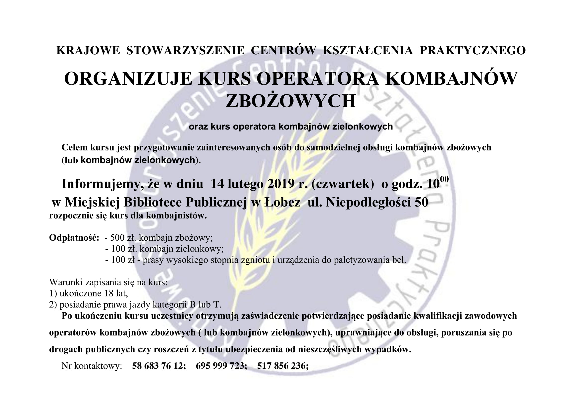 Kurs Operatora Kombajnów zbożowych