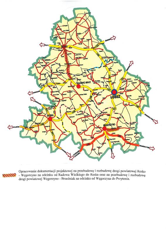Mapa z zaznaczonymi odcinkami dróg objętych opracowaniem dokumnetacji
