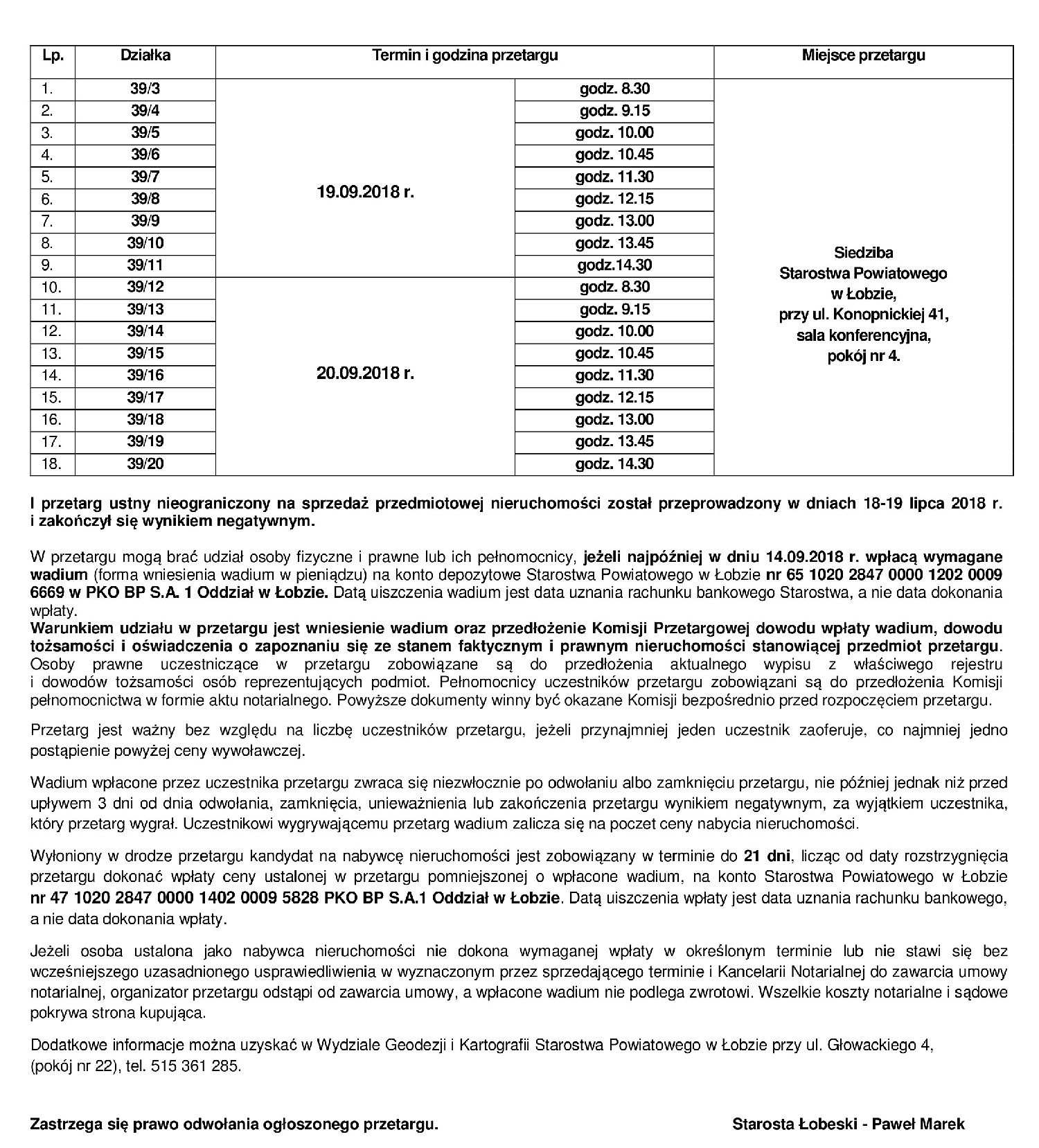 Ogłoszenie o II przetargu Stara Dobrzyca