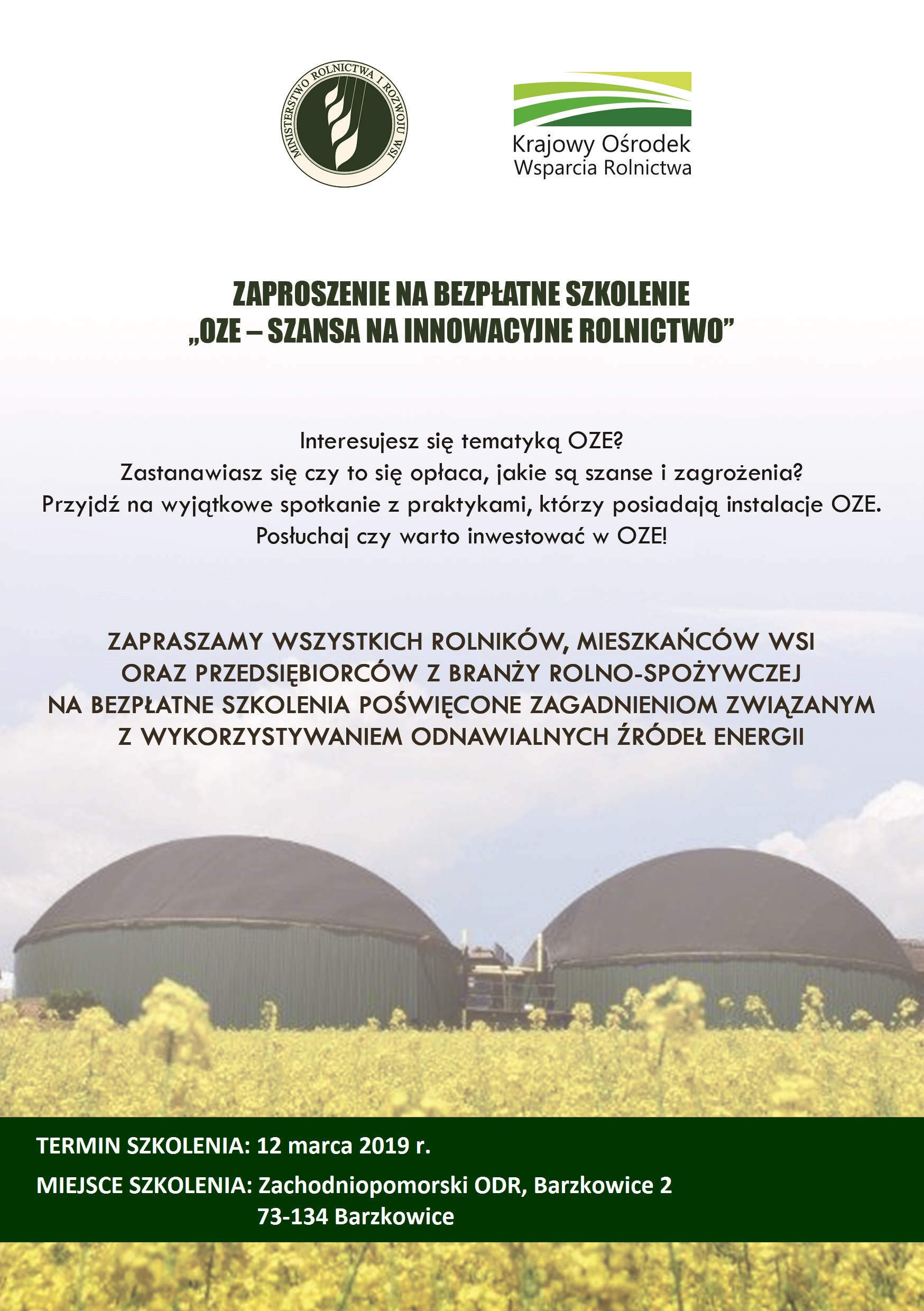 Bezpłatne szkolenie dot. wykorzystywania odnawialnych źródeł energii 12.03.2019