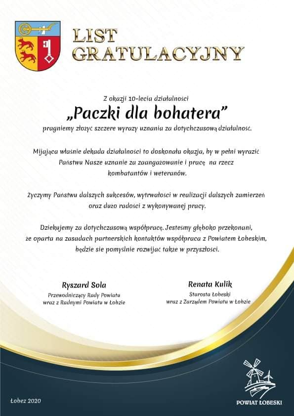 list gartulacyjny dotyczący ,,paczki dla bohatera''