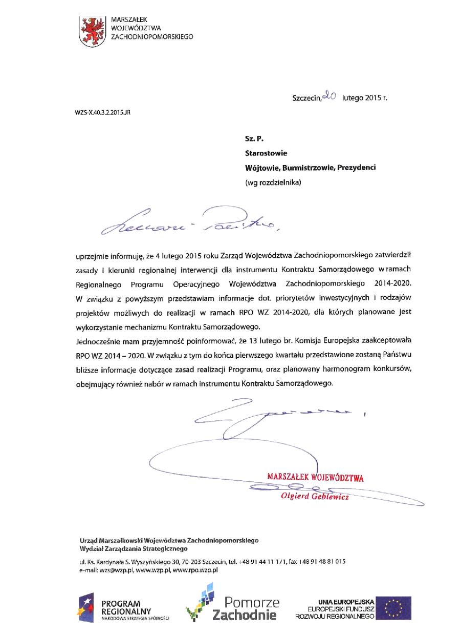 Pismo Marszałka - Kontrakt Samorządowy