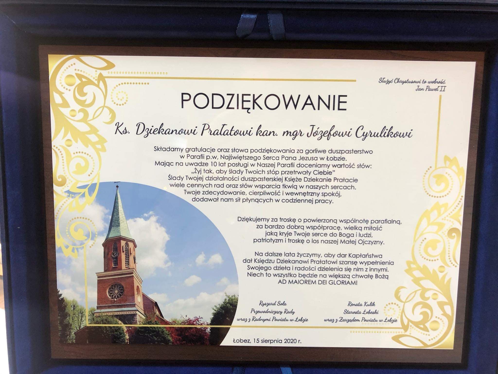 Podziękowanie dla Ks. Dziekana Prałata Józefa Cyrulika 15.08.2020
