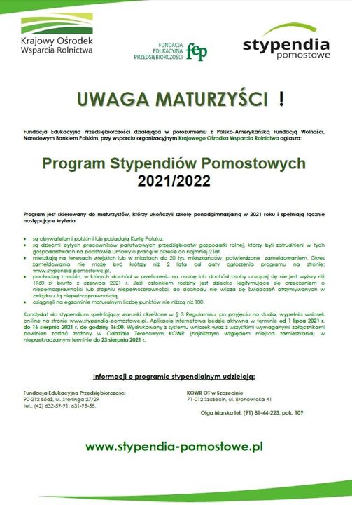 plakat dotyczący stypendium pomostowego dla mieszkańców Powiaty Łobeskiego
