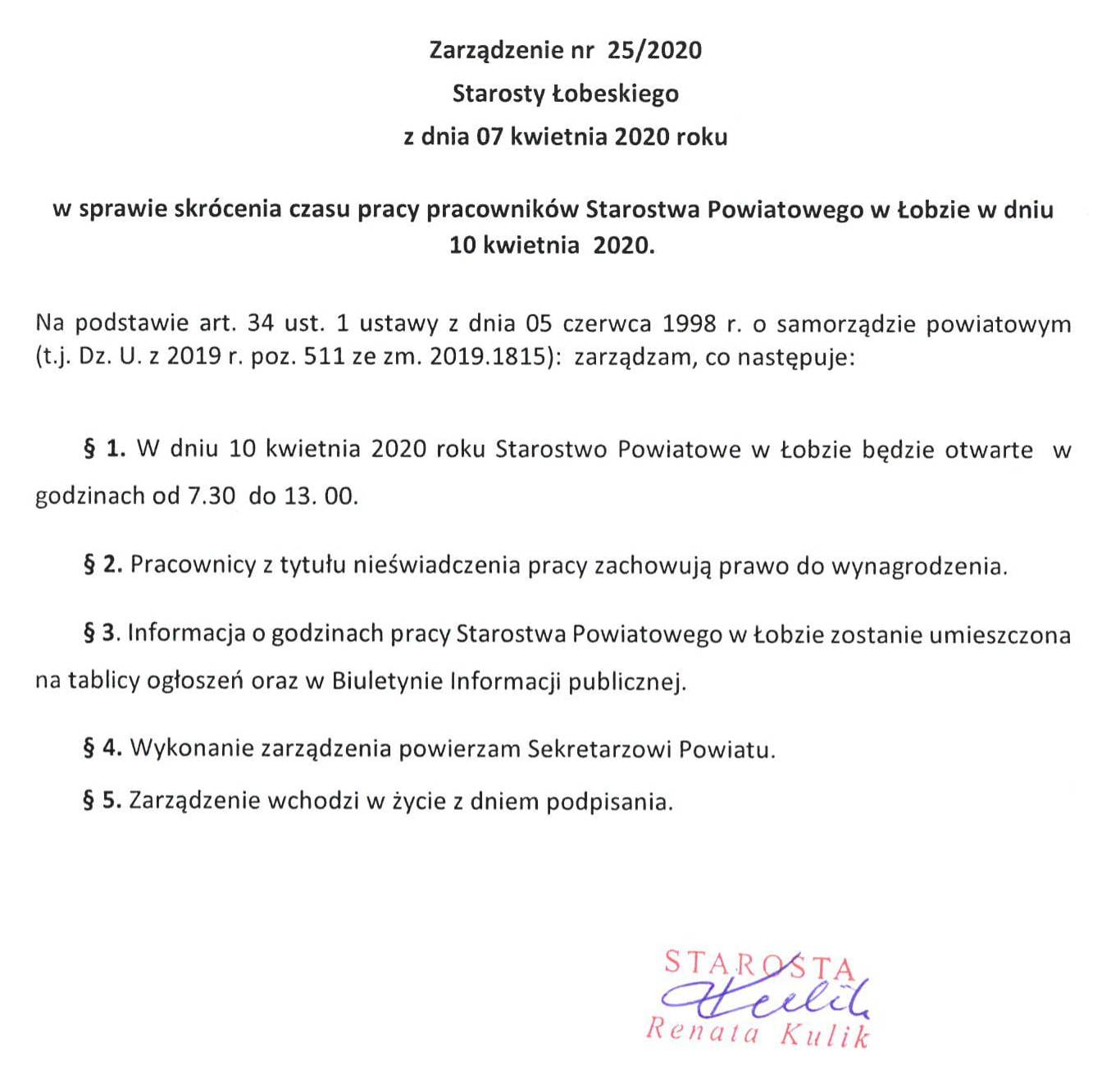 Skrócenie czasu pracy 10.04.2020