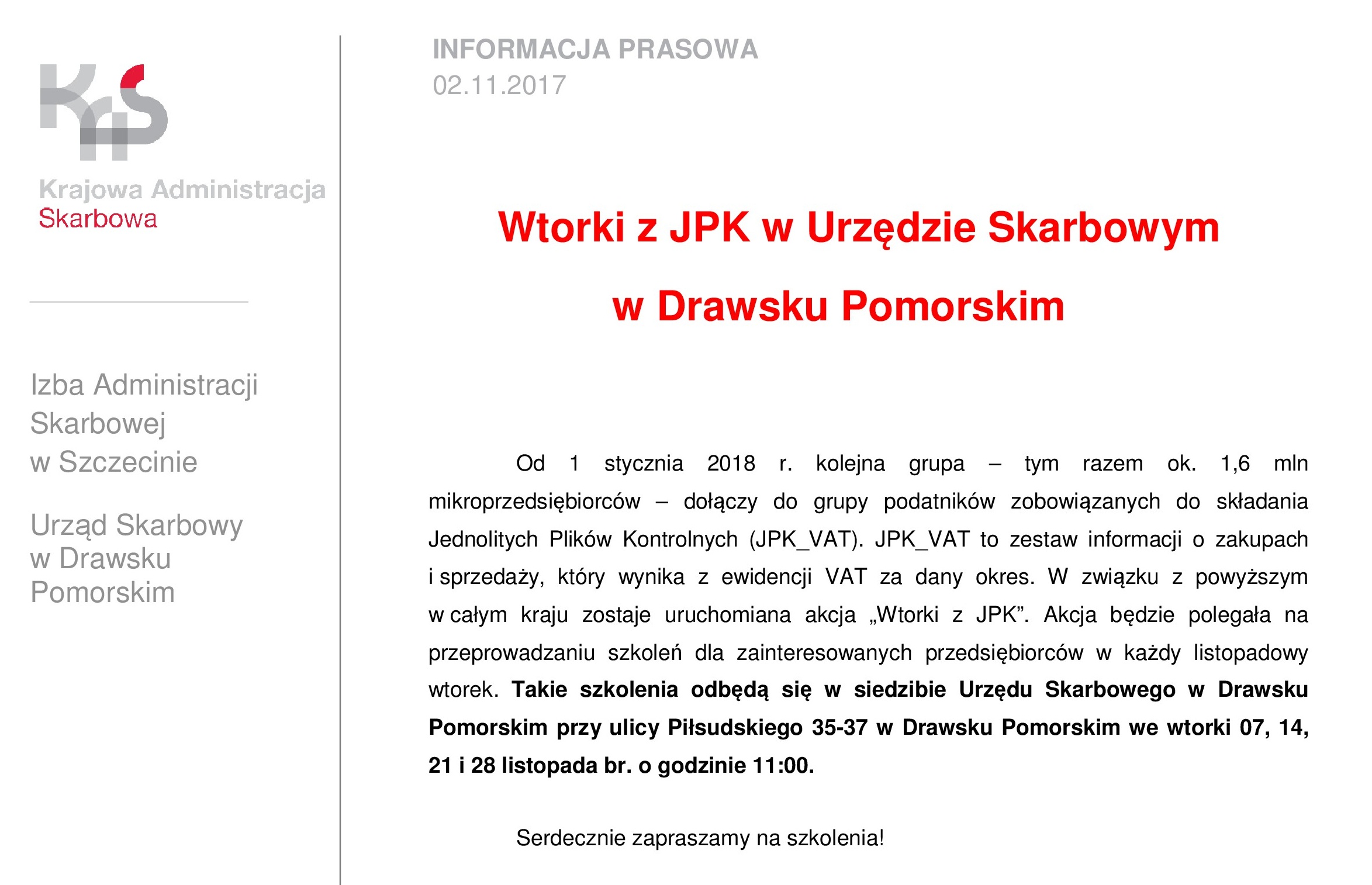 Wtorki z JPK w Urzędzie Skarbowym