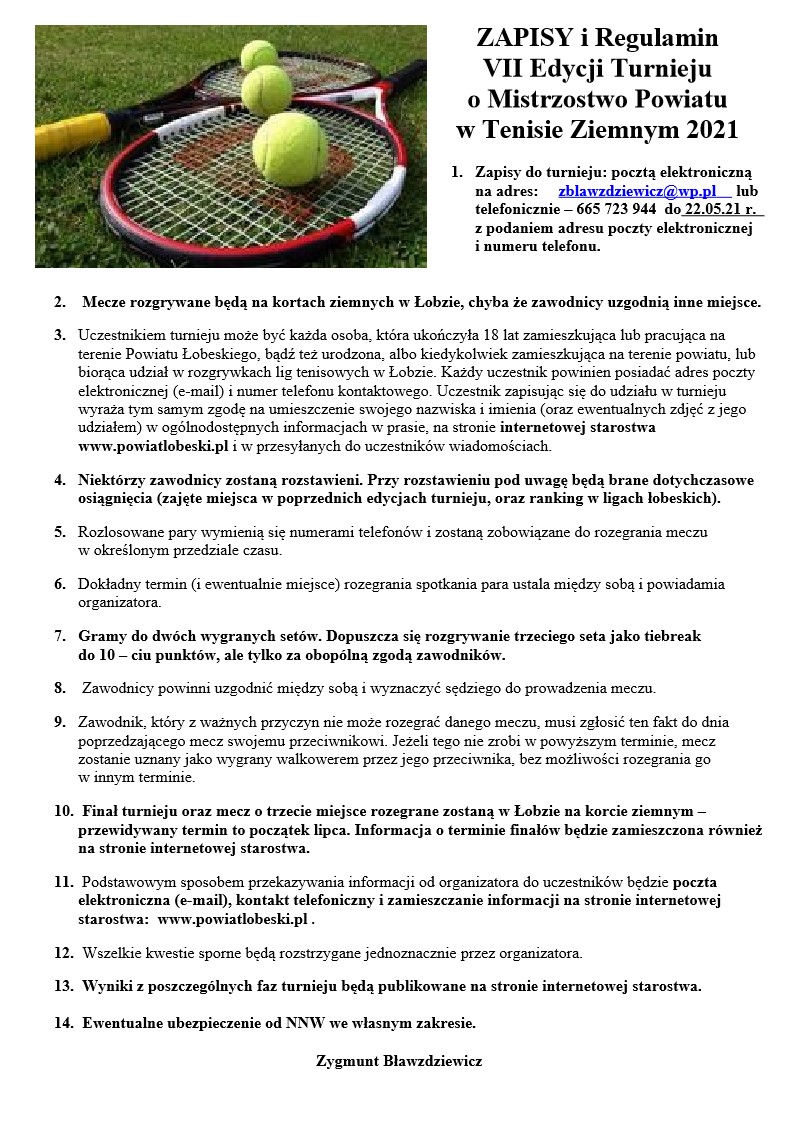 plakat dotyczący mistrzostw Powiatu w Tenisie Ziemnym