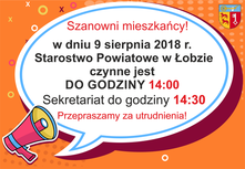 Czas pracy Starostwa w dniu 09.08.2018 r. 