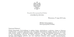 Z okazji Dnia Samorządu Terytorialnego, kilka słów od Prezydenta RP 27.05.2019