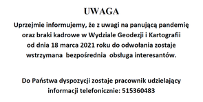 Uwaga! Wstrzymana zostaje bezpośrednia obsługa interesantów w Wydziale Geodezji i Kartografii