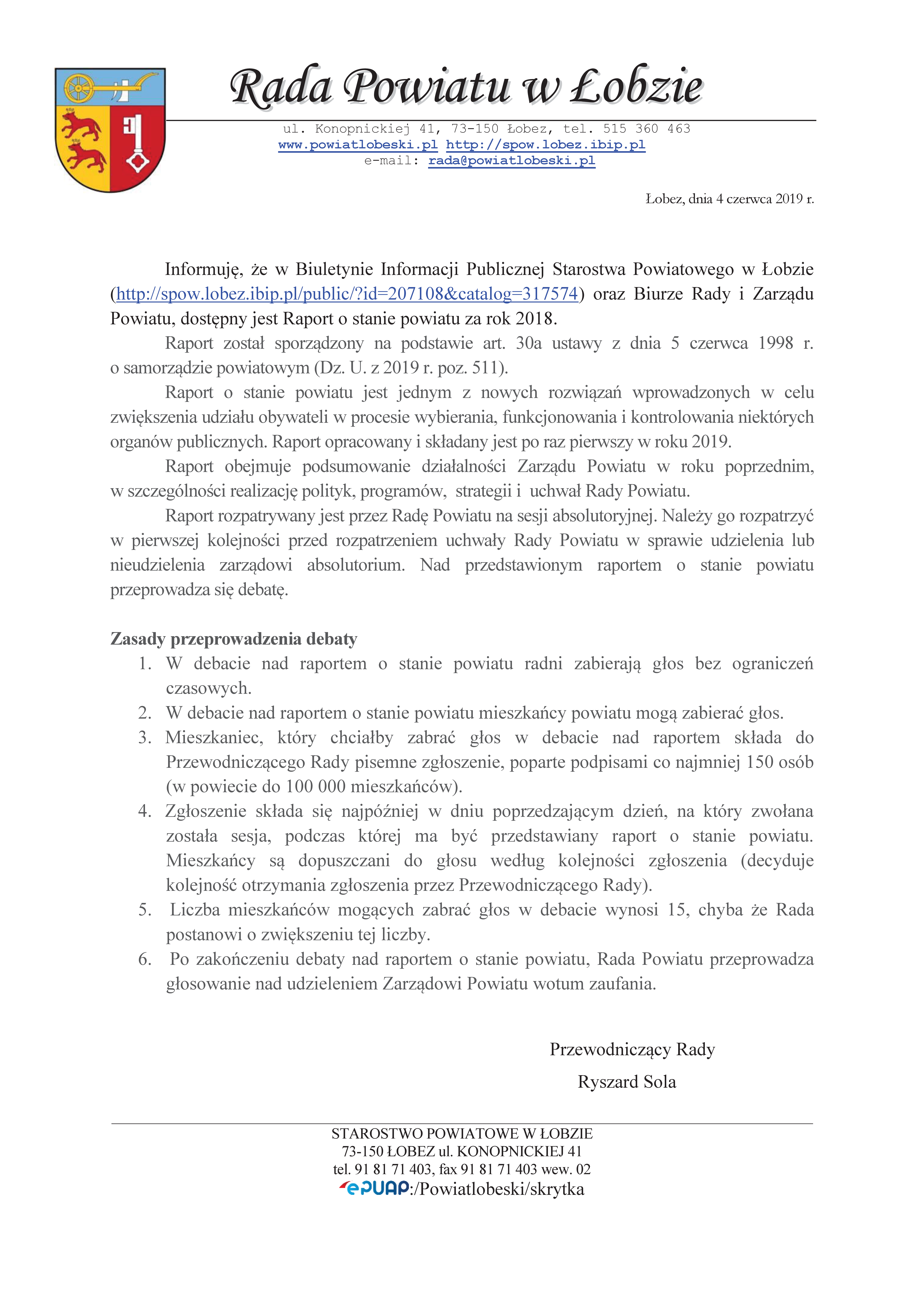 Raport o stanie powiatu za 2018 rok