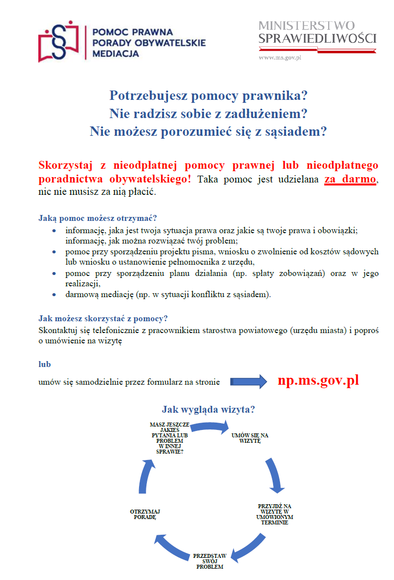 plakat Skorzystaj z nieodpłatnej pomocy prawnej lub nieodpłatnego poradnictwa obywatelskiego! 