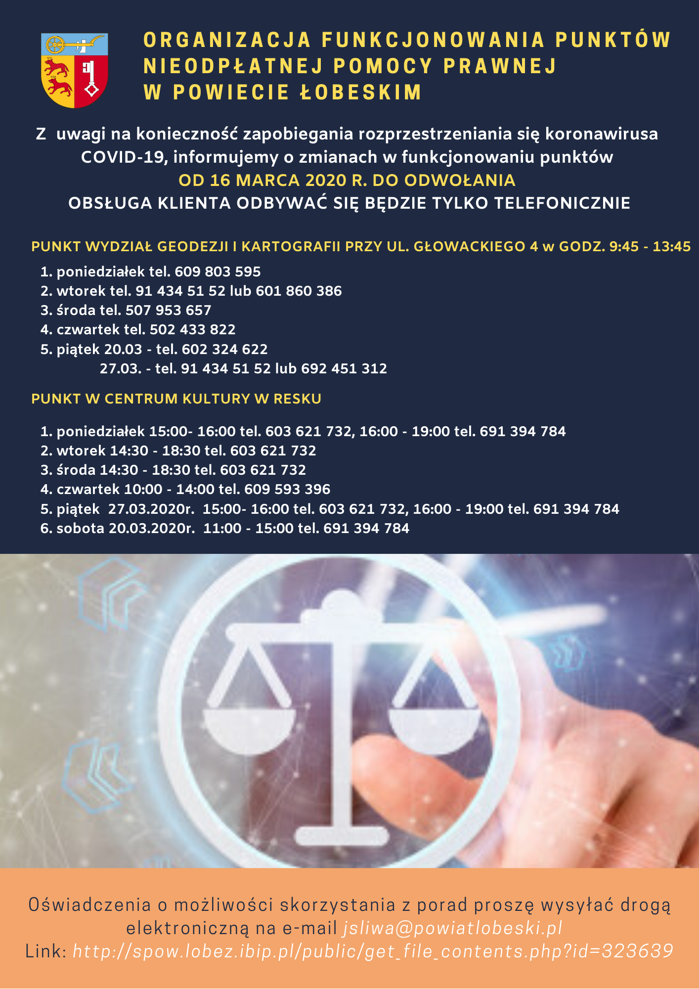 Nieodpłatna Pomoc Prawna - porady telefoniczne 16.03.2020