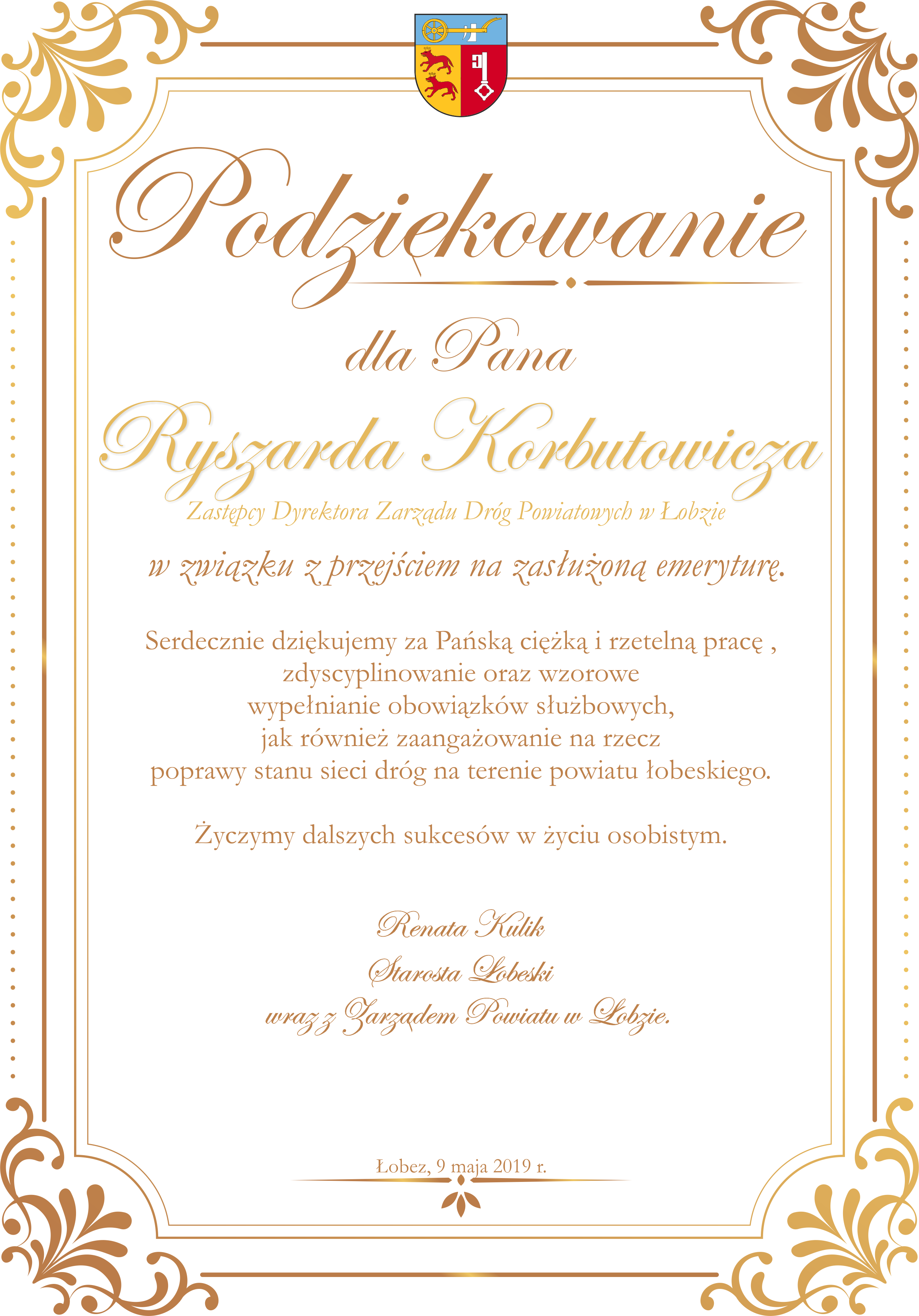 Podziękowanie dla Ryszarda Korbutowicza 08.05.2019