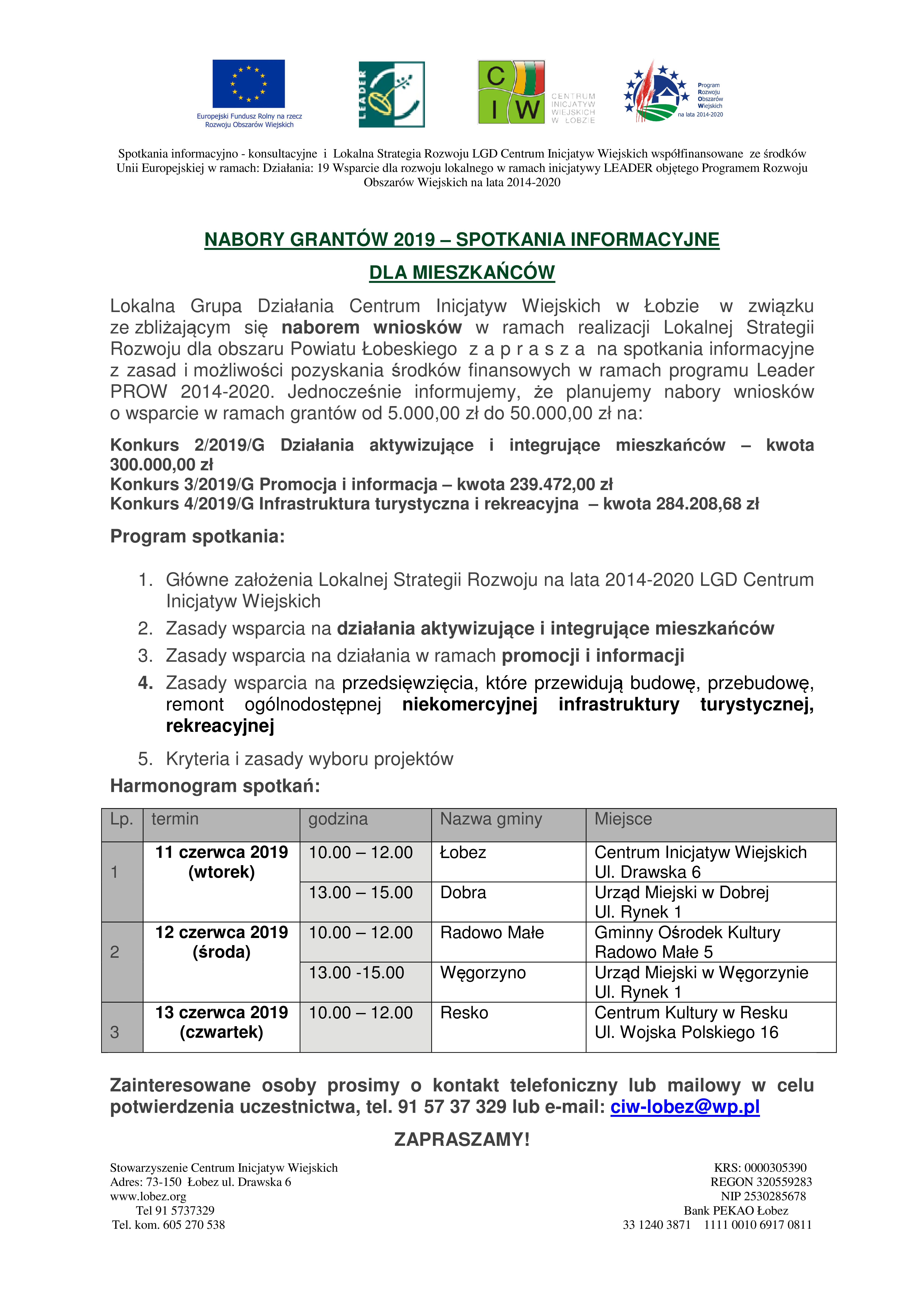 ZAPRASZAMY NA SPOTKANIA WS. GRANTÓW Z CIW LGD