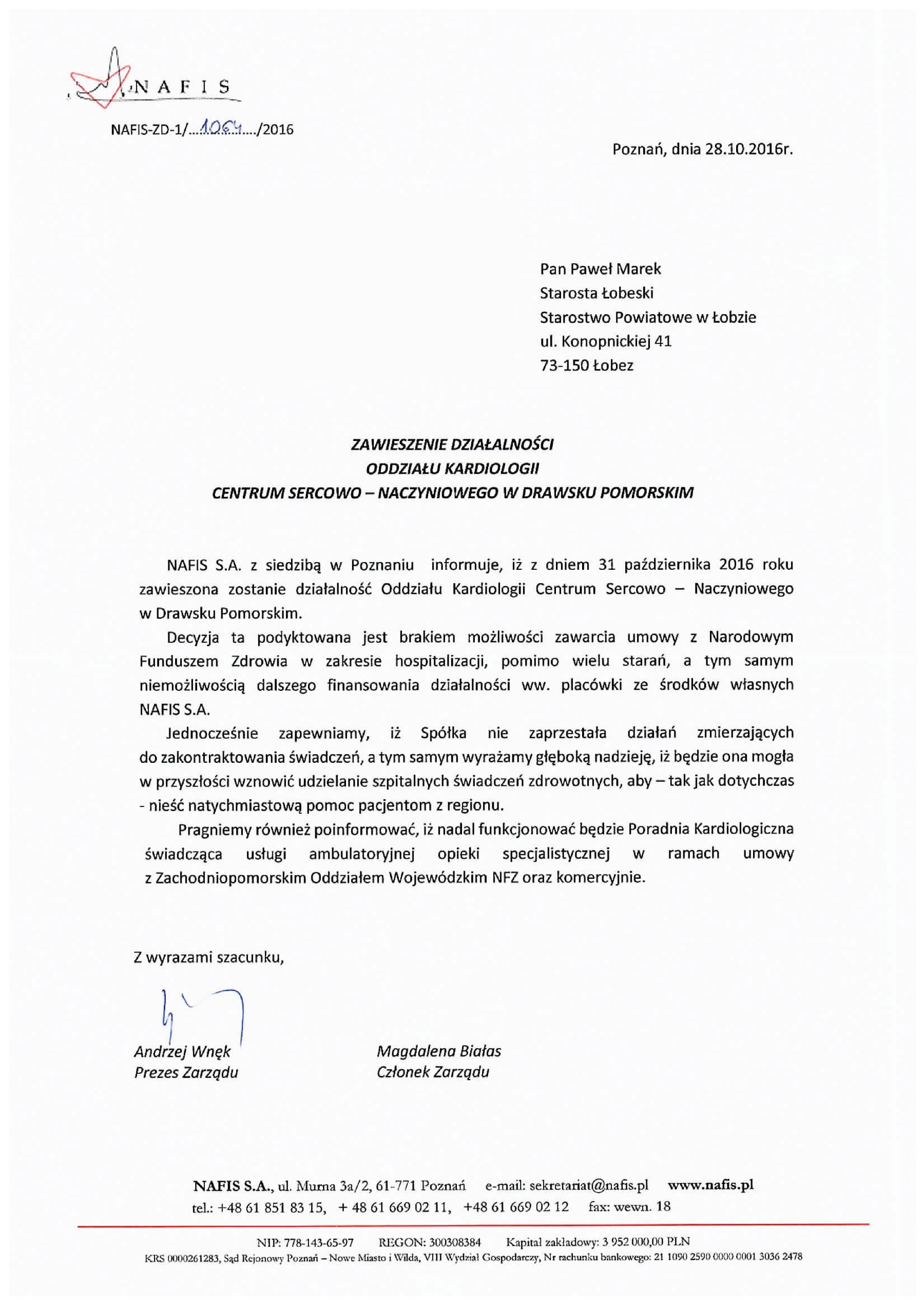 Zawieszenie działalności oddziału kardiologii Centrum Sercowo-Naczyniowego w Drawsku Pomorskim